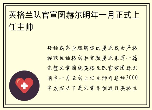 英格兰队官宣图赫尔明年一月正式上任主帅